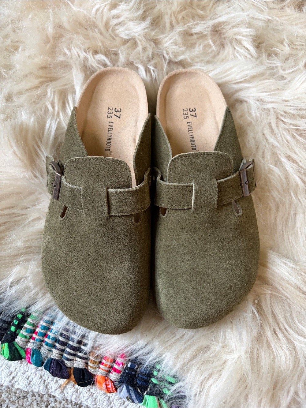Olive Suede Slip-On Clogs with Buckle